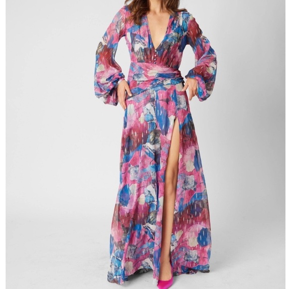 NWT ADRIENNE LANDAU Watercolor Long Blouson Sleeve V-Neck High Slit Dress Size 2